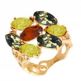 Кольцо из золочёного серебра Янтарная волна Я820121п-микс-1 с янтарём Я820121п-микс-1 фото