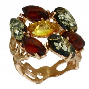 Кольцо из золочёного серебра Янтарная волна Я820121п-микс-2 с янтарём Я820121п-микс-2 фото