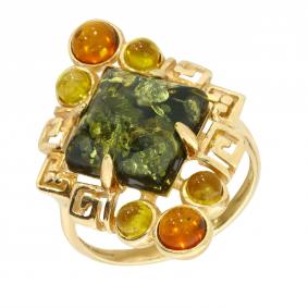 Кольцо из золочёного серебра Янтарная волна Я820185п-микс с янтарём Я820185п-микс фото