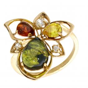 Кольцо из золочёного серебра Янтарная волна Я820206п-микс с фианитом и янтарём Я820206п-микс фото