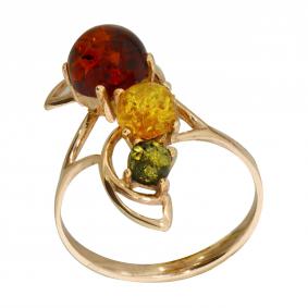 Кольцо из золочёного серебра Янтарная волна Я820209п-микс с янтарём Я820209п-микс фото