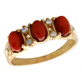 Кольцо из золочёного серебра Янтарная волна Я820286п-кор с фианитом и кораллом Я820286п-кор фото