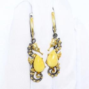 Серьги из золочёного серебра Янтарная волна Я821865пк-ж с фианитом и янтарём Я821865пк-ж фото