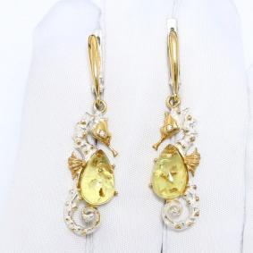 Серьги из лимонного серебра Янтарная волна Я821865пл-л с фианитом и янтарём Я821865пл-л фото