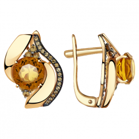 Золотые серьги Александра кл2502а-6ск-ш с фианитом и цитрином кл2502а-6ск-ш фото