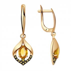 Золотые серьги Александра кл2664а-6ск-ш с фианитом и цитрином кл2664а-6ск-ш фото