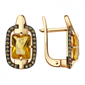 Золотые серьги Александра кл2880а-6ск-ш с фианитом и цитрином кл2880а-6ск-ш фото