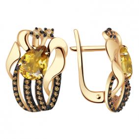 Золотые серьги Александра кл2917а-6ск-ш с фианитом и цитрином кл2917а-6ск-ш фото