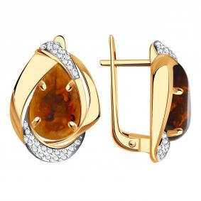 Золотые серьги Александра кл3074а-29ск с фианитом и янтарём кл3074а-29ск фото