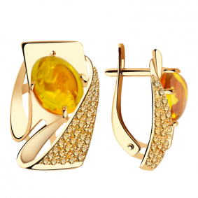 Золотые серьги Александра кл3097а-29ск-ш с фианитом и янтарём кл3097а-29ск-ш фото