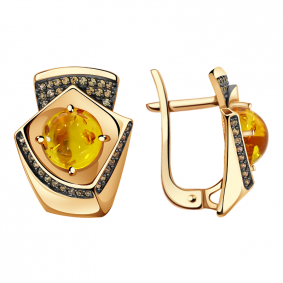 Золотые серьги Александра кл3111а-29ск-ш с фианитом и янтарём кл3111а-29ск-ш фото