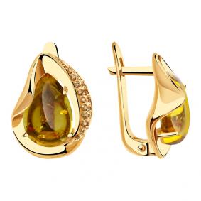 Золотые серьги Александра кл3148а-29ск-ш с фианитом и янтарём кл3148а-29ск-ш фото