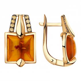 Золотые серьги Александра кл3234а-29ск-ш с фианитом и янтарём кл3234а-29ск-ш фото