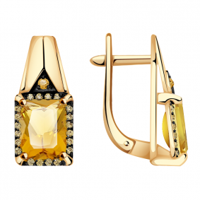 Золотые серьги Александра кл3481а-6ск-ш с фианитом и цитрином кл3481а-6ск-ш фото
