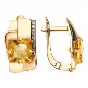 Золотые серьги Александра кл3728а-6ск-ш с фианитом и цитрином кл3728а-6ск-ш фото