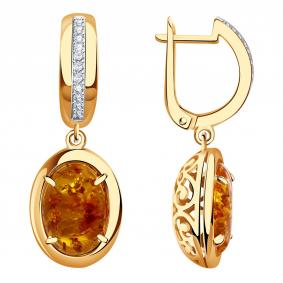 Золотые серьги Александра кл3759а-29ск с фианитом и янтарём кл3759а-29ск фото