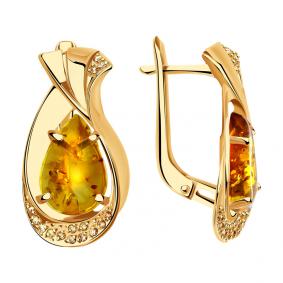 Золотые серьги Александра кл3890а-29ск с фианитом и янтарём кл3890а-29ск фото