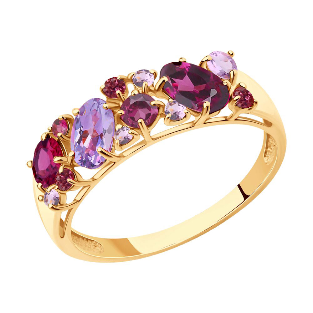 Золотое кольцо SOKOLOV 714175 с аметистом, родолитом и миксом камней: Золото 585° пробы — купить в ювелирном интернет-магазине Diamant