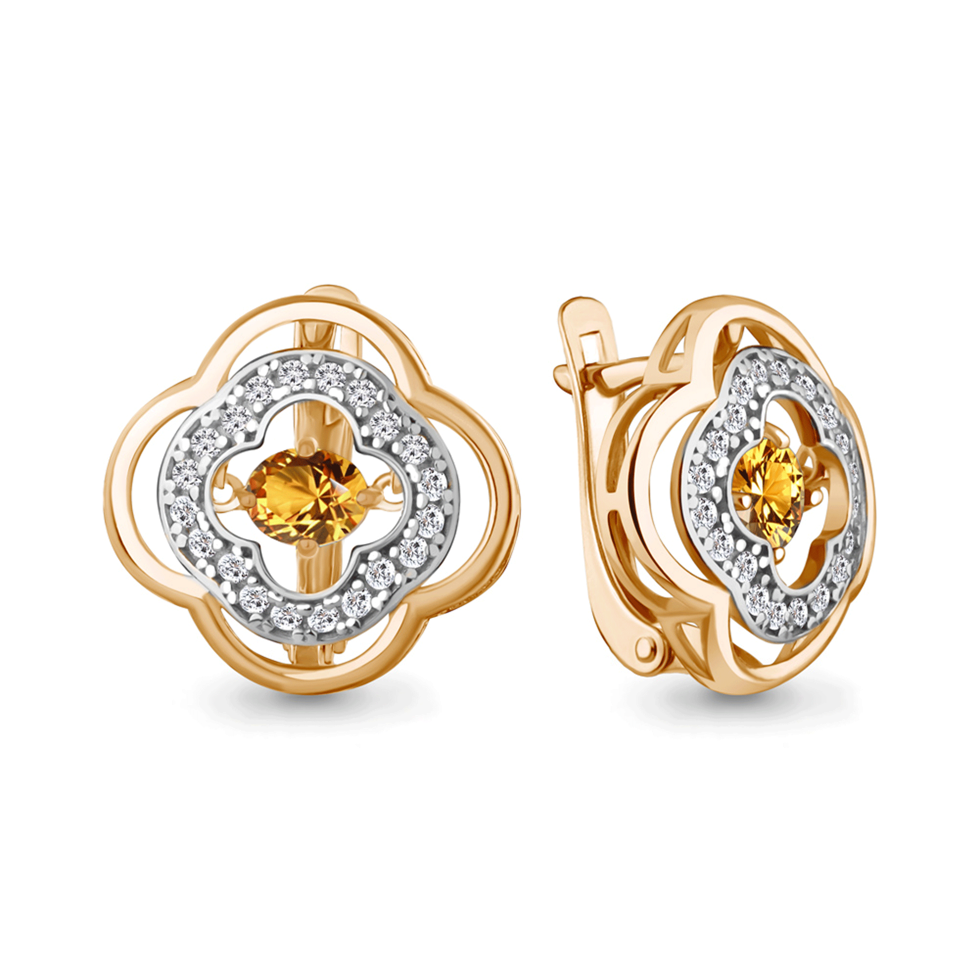 Серьги из золочёного серебра AQUAMARINE А45045606А-п с фианитом и цитрином А45045606А-п фото