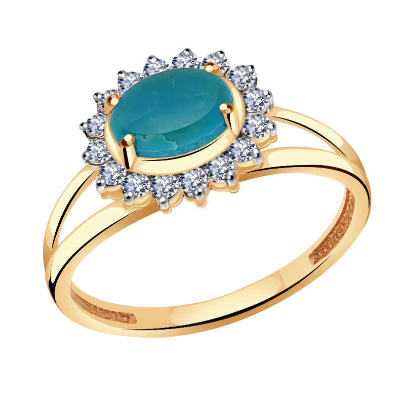 Золотое кольцо Красносельский ювелир с фианитом и бирюзой РК2902